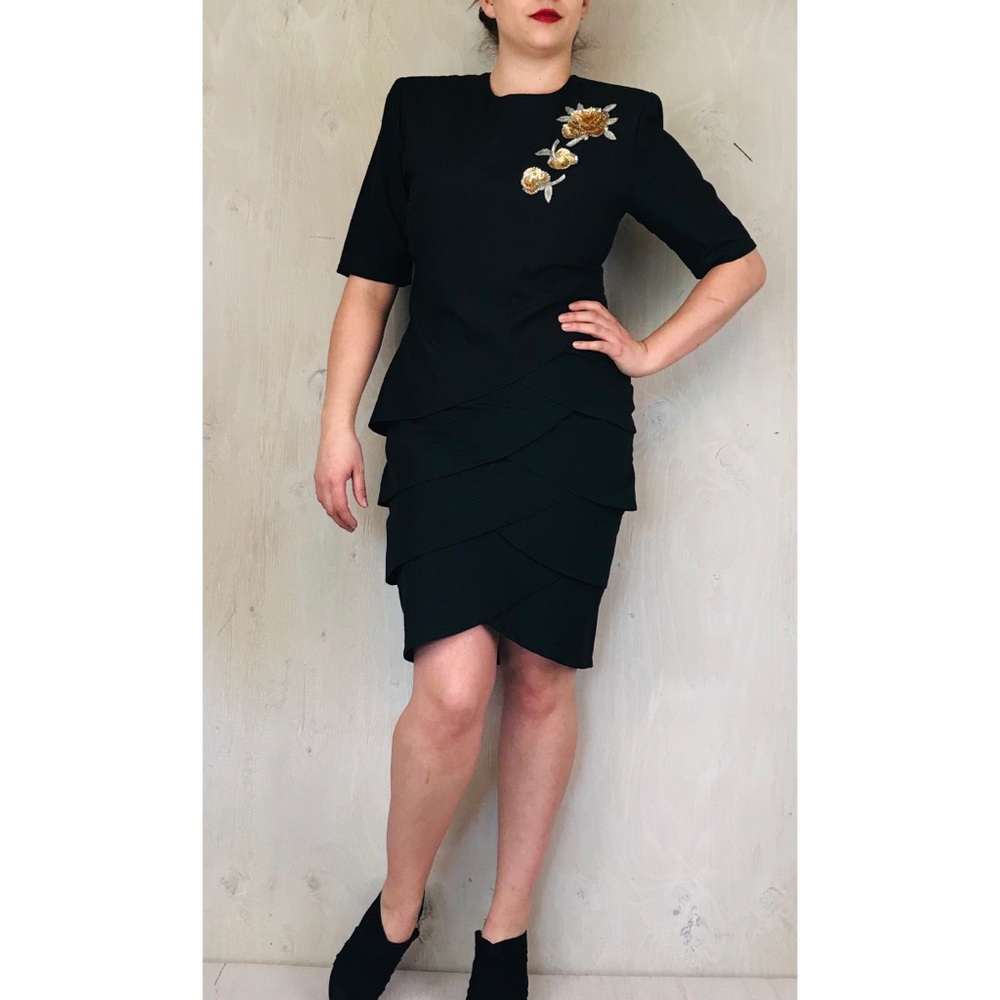1980’s Black Scalloped Dress with Sequins Flowers